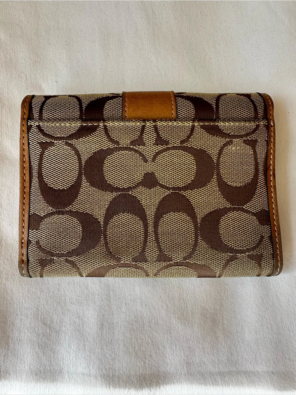 Coach Signature Canvas Trifold Wallet Khaki Brown Jacquard Leather Vintage Y2K